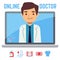 Flat online doctor, internet computer health service, medical consultation vector concept