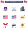 Flat Pack of 9 USA Independence Day Symbols of food; fast food; building; burger; flag