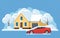 Flat panorama small house under the snow and car, snowdrifts. City under snow, Winter city concept. Vector illustration