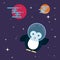 Flat penguin character stylized as an astronaut in the space.