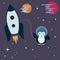 Flat penguin character stylized as an astronaut in the space.
