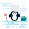 Flat penguin character stylized as chef with wooden spoon and with pot.