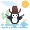 Flat penguin character stylized as a cowboy with revolvers and hat.