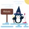 Flat penguin character stylized as witch with dagger and with pot. Modern flat illustration.