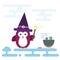 Flat penguin character stylized as witch with magic stick and with pot.