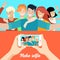 Flat people making selfie phone photo vector Socia