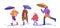 Flat people with umbrellas walking in puddles at rainy wet weather