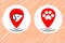 Flat pets gps logo design. Dog map marker vector. Animal walking takes care with location position. Navigation sign for