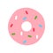 Flat pink glazed donut with colorful sprinkles.
