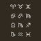 Flat pixel art illustration of set of black and white zodiac signs icons