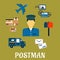 Flat postal icons around a Postman