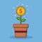 Flat, potted money dollar flower. Abstract monetary success illustration