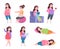 Flat pregnant woman. Healthy exercises for moms, pregnancy diet, happy young mom reading, sleeping and resting. Vector