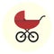 Flat red baby carriage icon. Unisex baby transport