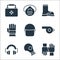 Flat rescue and protective line icons. linear set. quality vector line set such as gloves, gas mask, ear protection, whistle,