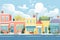 flat roofs on row of freshly painted colorful houses, magazine style illustration