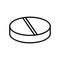 Flat round pill icon. Linear logo of medical tablet and vitamin. Black simple illustration. Contour isolated vector image on white