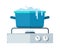 Flat saucepan on stove. Gas burner, water boils out of pan. Food preparation, kitchen cooking process isolated vector