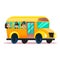 Flat school bus. School kids riding a schoolbus. Back to school flat concept. Happy schoolchildren are watching from