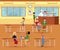 Flat school cafeteria room interior with children sitting eating lunch at tables