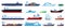 Flat sea boats. Cruise, cargo ship, yacht, sailboat, tugboat, motorboat, submarine, fishing boat. Ocean travel