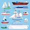 Flat sea ships. Marine shipping sailing boat, ocean cruise liner and icebreaker ship vector set