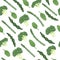 Flat seamless pattern with broccoli, green beans, asparagus, peas, spinach. Healthy food, vegetarianism