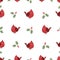 Flat Seamless pattern with cute hand drawn red bird and christmas berries. Cartoon vector red cardinal illustration for childish