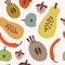 Flat seamless pattern with papaya, red pepper, other fruits and spice. Summer food tropical background. Vector image, clipart