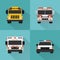 Flat service cars set. Police, ambulance, fire truck, school bus