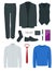 Flat set of classic mens clothes and accessories business black pantsuit, tie, socks, glasses, shoes, purse, watch