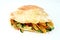 Flat Shami Syrian bread filled with french fries and green salad, traditional Egyptian fried potatoes fingers sandwich surrounded