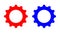 Flat shapes vector icons of pin gears in red and blue colors. Cogwheel symbol of mechanical, engine work