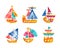 Flat Ship and Sea Vessel Colorful Icon as Seafaring and Marine Cruise Vector Set