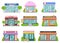 Flat shops set. Barber shop, bookstore and pharmacy. Bakery and pizza isolated cartoon stories vector collection