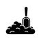 Flat silhouette pile of dry matter with stuck scoop. Black vector illustration of litter toilet, pet food, soil, building