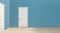 Flat simple turquoise blue wall at right angle with white door and wooden flooring, mockup, template, backdrop