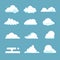 Flat sky cloud. Blue fluffy cartoon shapes white atmosphere cloudy elements vintage abstract overcast. Vector clouds