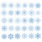 Flat snowflakes. Winter snowflake crystals, christmas snow shapes and frosted cool blue icon, cold xmas season frost snowfall