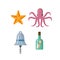Flat starfish, octopus, ship bell, bottle message