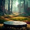 Flat stone podium in the magical forest 3d illustration, empty round stand background, natural stage for cosmetic
