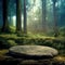 Flat stone podium in the magical forest 3d illustration, empty round stand background, natural stage for cosmetic