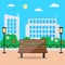 Flat style blooming summer cityscape with bench and street light