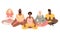Flat style cartoon cute character, diverse group of people doing meditation in yoga pose
