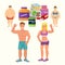 Flat style colorful cartoon illustration of fat man and woman before and bodybuilder man and athletic girl after with