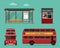 Flat style concept of public transport. Set of city bus with front and side view, bus stop, street bus ticket office.