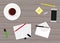 Flat Style Contemporary Design. Top view of the office workplace. Icon of mobile phone, coffee cup, pencil, papers