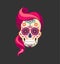 Flat style Day of the female Dead Sugar Skull with pink Hair. Paper cut Calavera