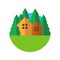 Flat style eco house badge with trees. Vector logo template. Design concept for real estate agencies, hotels, cottages rent
