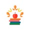 Flat style icon stack of books and an apple. Cute simple leaves around. Back to school objects. Education Concept